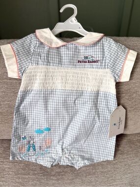 Peter Rabbit Blue Gingham Smocked Baby Romper 6 Month New with Tags